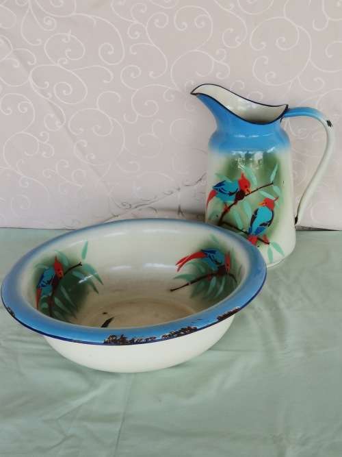 Enamel Wash Basin and Jug, Made in Poland