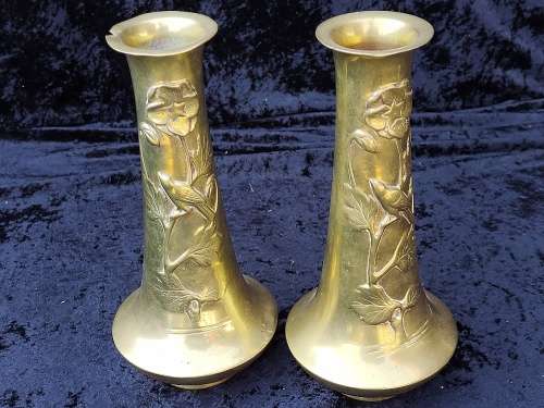 Pair Art Nouveau  brass vases