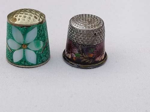 Cloisonne Thimble and a Silver plated thimble hand painted