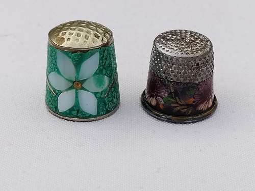 Cloisonne Thimble and a Silver plated thimble hand painted