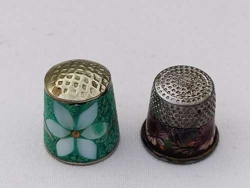 Cloisonne Thimble and a Silver plated thimble hand painted