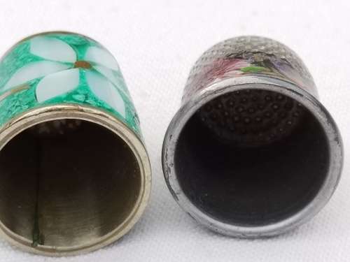 Cloisonne Thimble and a Silver plated thimble hand painted