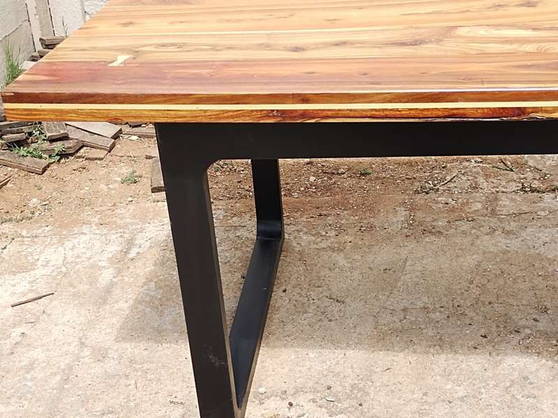 Kiaat table with yellowwood bow tie inlay & Duco Painted solid pine legs