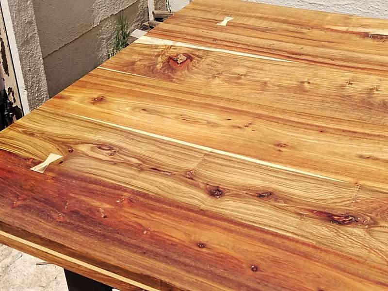 Kiaat table with yellowwood bow tie inlay & Duco Painted solid pine legs