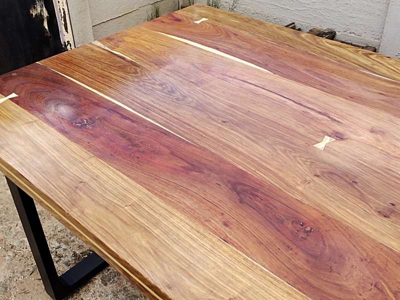 Kiaat table with yellowwood bow tie inlay & Duco Painted solid pine legs (a)