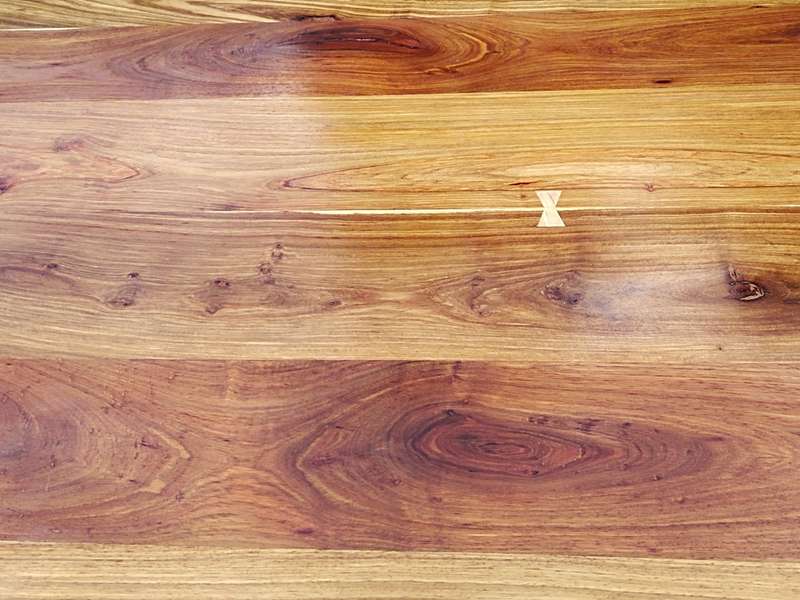 Kiaat table with yellowwood bow tie inlay & Duco Painted solid pine legs (a)