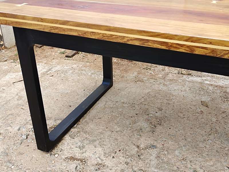Kiaat table with yellowwood bow tie inlay & Duco Painted solid pine legs (a)