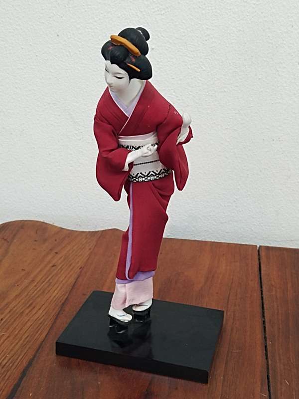 Vintage Folk Art Doll: Japanese Doll on wooden stand