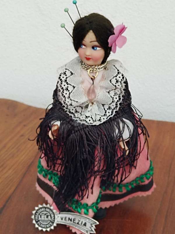 Vintage Folk Art Doll: Lela, Florence, Venezia Doll. Murano glass pendant