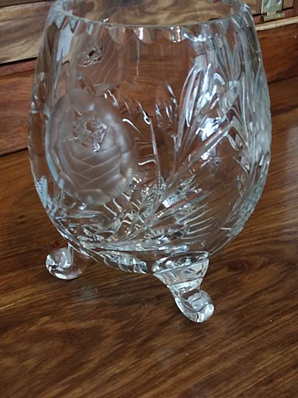 Rose cut Crystal vase with scroll  feet