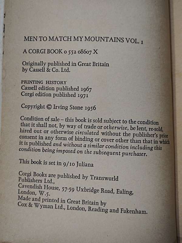 Irving Stone: Men to Match my Mountains. Volume 1 The Opening of a land