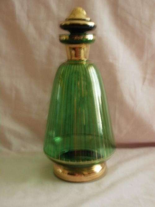 GREEN AND GOLD PLATED DECANTER