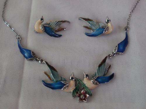 STUNNING ENAMEL AND MARQUISITE PEACOCK NECKLACE & EARRINGS