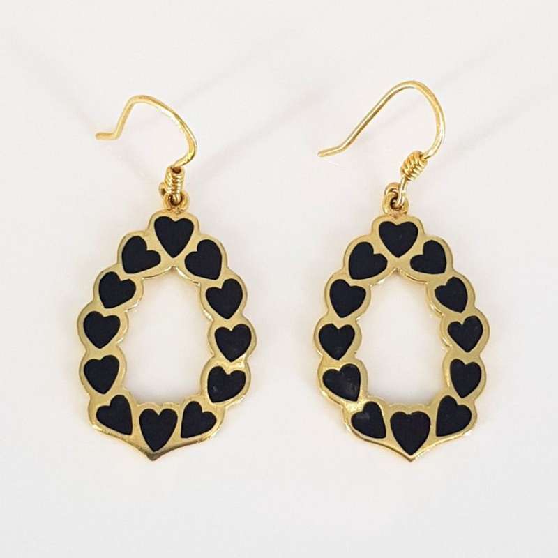 18CT YELLOW GOLD BLACK ENAMEL HEARTS DROP EARRINGS