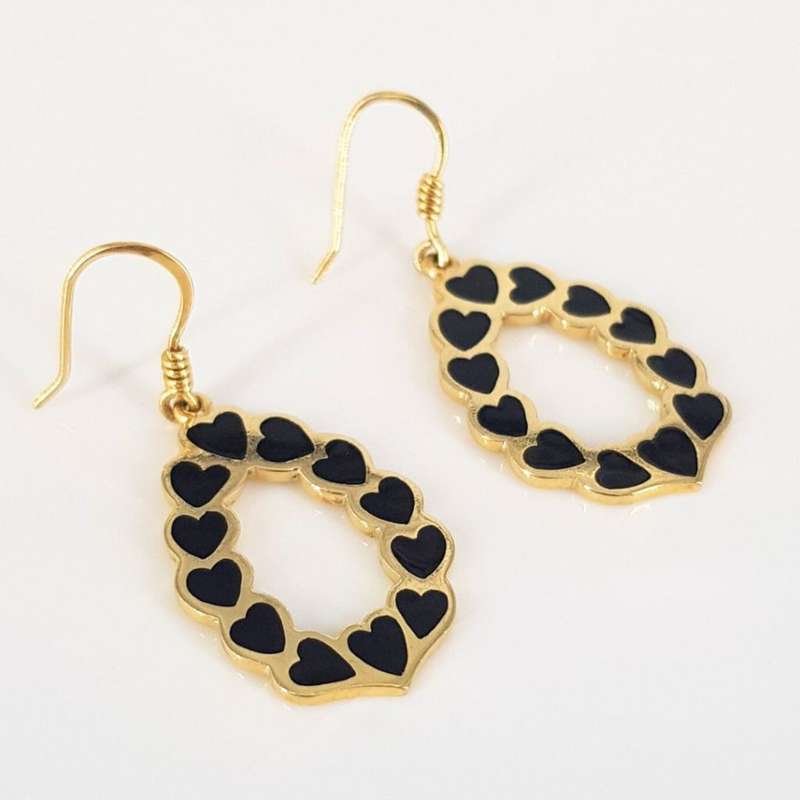 18CT YELLOW GOLD BLACK ENAMEL HEARTS DROP EARRINGS