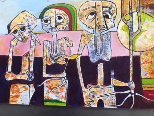 Speelman Mahlangu "Three Figures", Oil on Masonite Board