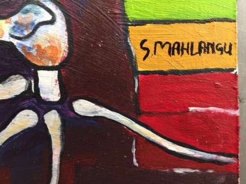 Speelman Mahlangu "Three Figures", Oil on Masonite Board