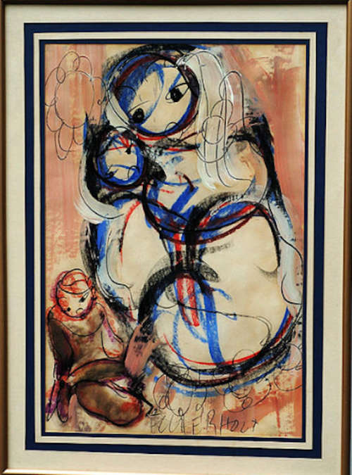 Frans Claerhout  " Mother and Children" Magnificent Mixed Media Painting