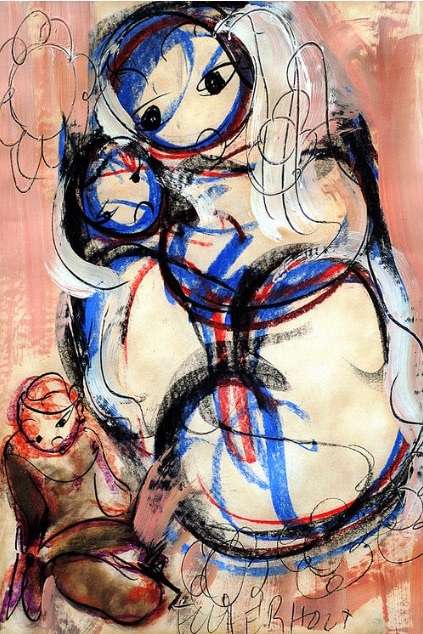 Frans Claerhout  " Mother and Children" Magnificent Mixed Media Painting