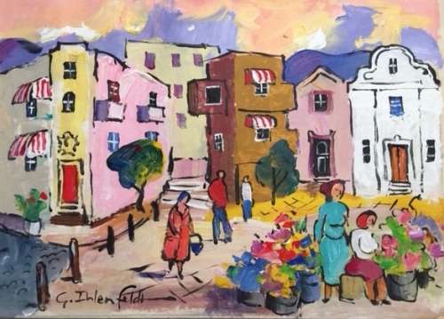 G Ihlenfeldt `Flower Market` Oil on Cloth