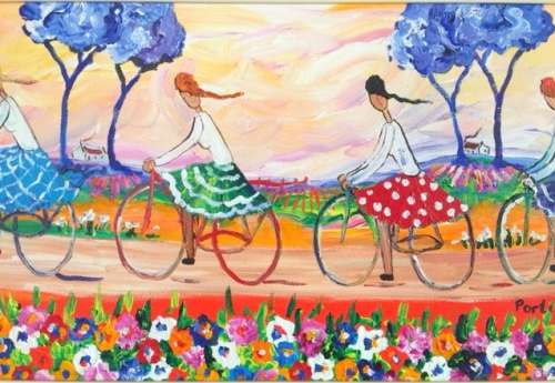 Portchie "Girls Riding on their Bicycles) Oil on Canvas