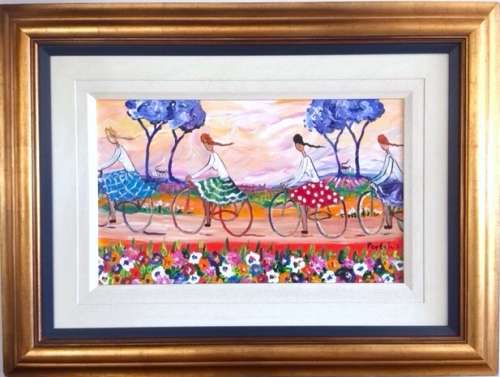 Portchie "Girls Riding on their Bicycles) Oil on Canvas