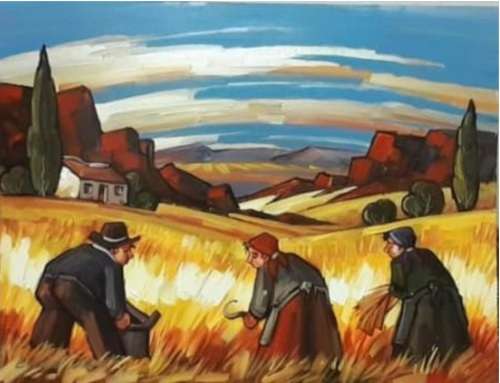 Emile Cronje `HARVESTERS` Oil on Board