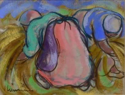 Hennie Niemann Harvesters Mixed Media Signed and dated 23X30cm