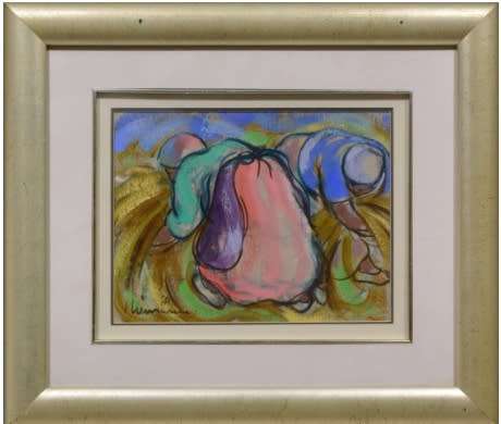 Hennie Niemann Harvesters Mixed Media Signed and dated 23X30cm