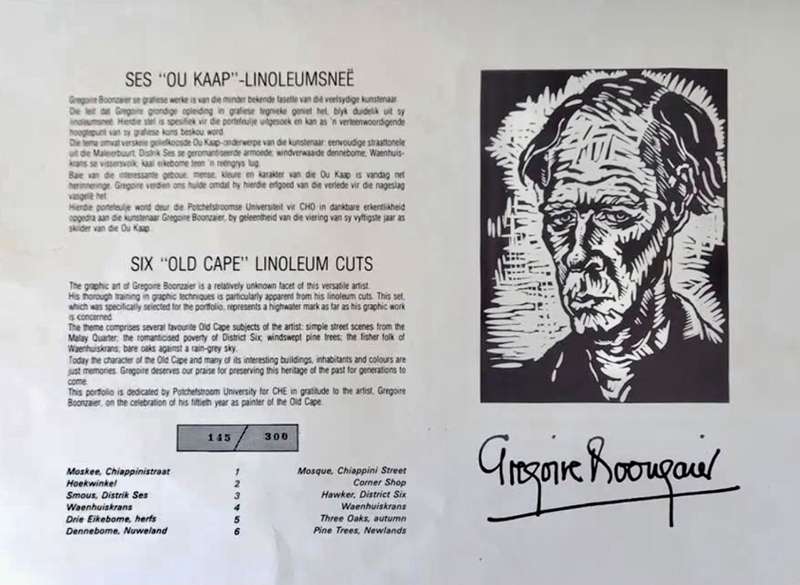 Greqoire Boonzaier  Set of six original Old Cape Linocuts, Signed and Dated. Edition 145/300