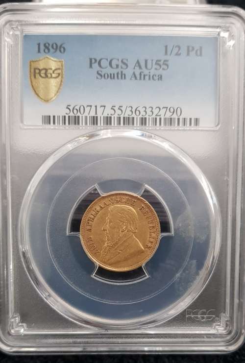 ###1896 PCGS AU55 ZAR kruger 1/2 Pond###Stunning coin