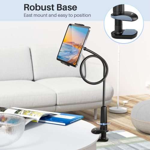 Gooseneck Tablet Holder Stand for Bed  Adjustable Flexible Arm Tablets Mount Clamp on Table Compatib