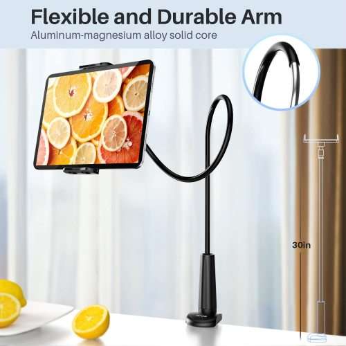 Gooseneck Tablet Holder Stand for Bed  Adjustable Flexible Arm Tablets Mount Clamp on Table Compatib