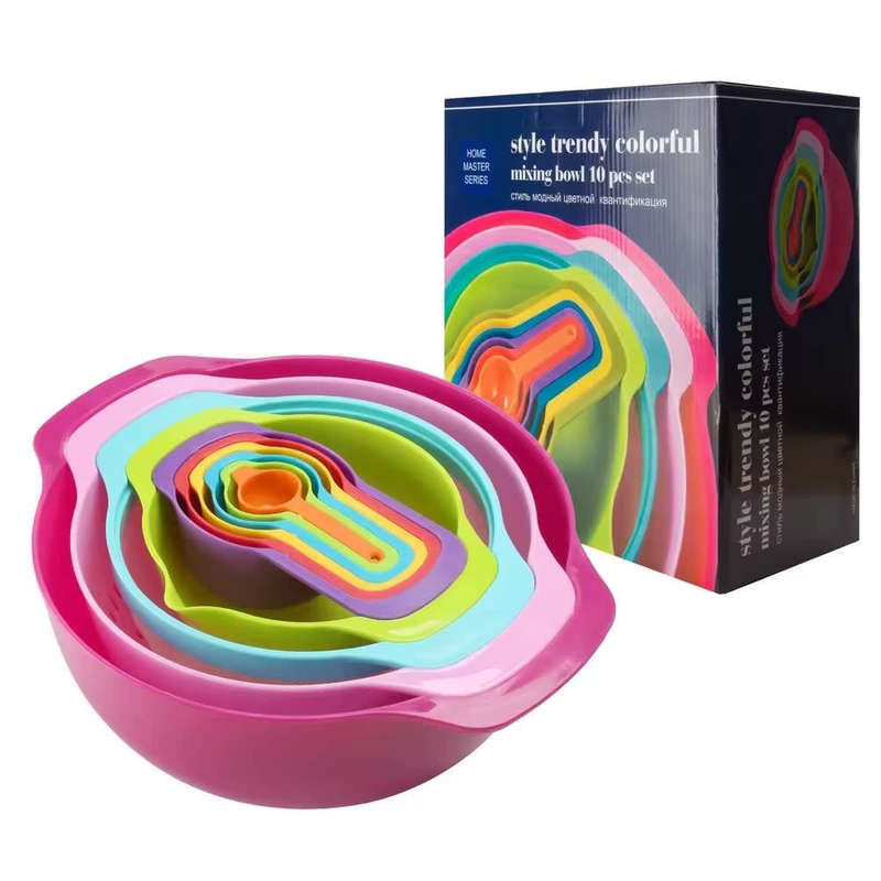 Stackable Rainbow Colored Plastic Mixing Bowls Colander Vegetable Basket Mesh Sieve Measuring Cups S