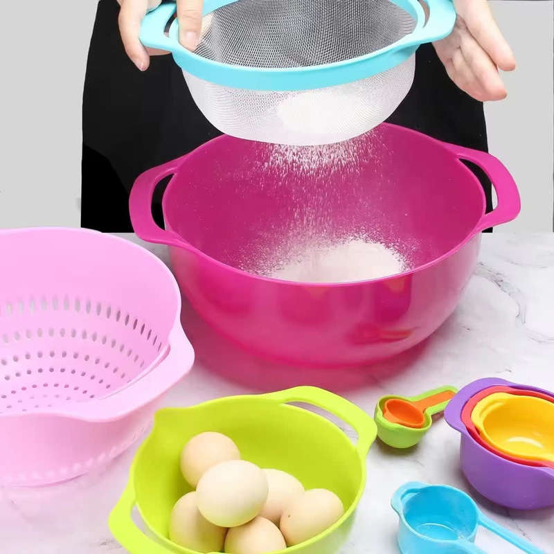 Stackable Rainbow Colored Plastic Mixing Bowls Colander Vegetable Basket Mesh Sieve Measuring Cups S
