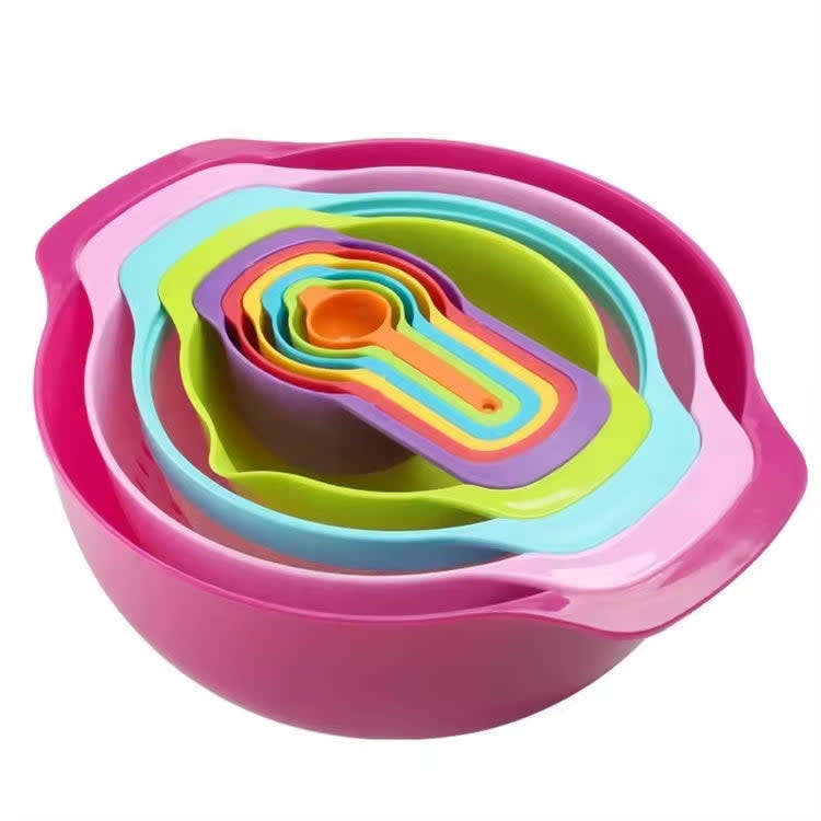 Stackable Rainbow Colored Plastic Mixing Bowls Colander Vegetable Basket Mesh Sieve Measuring Cups S