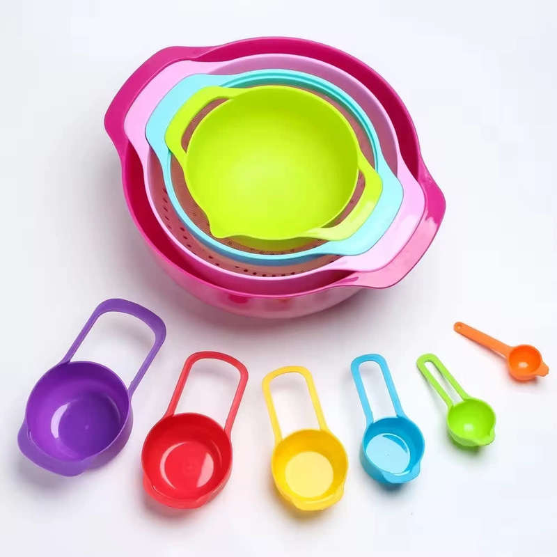 Stackable Rainbow Colored Plastic Mixing Bowls Colander Vegetable Basket Mesh Sieve Measuring Cups S