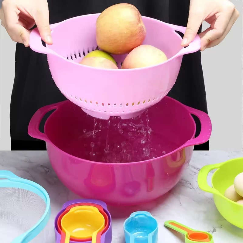 Stackable Rainbow Colored Plastic Mixing Bowls Colander Vegetable Basket Mesh Sieve Measuring Cups S