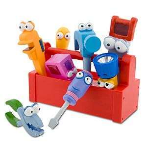 HANDY MANNY FIGURE TOYS, AND TOOLBOX WITH TOOLS + Extra HANDY MANNY Water bottle!