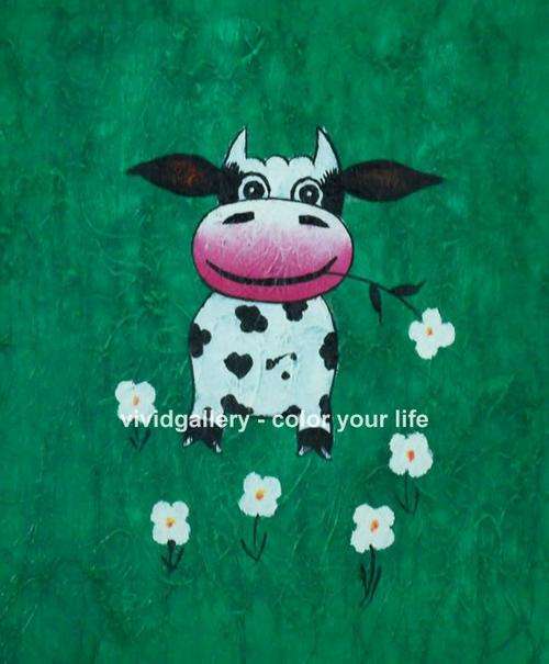 Framed Hand-painted Stock Oil Painting Cartoon Kids Children Cute Cow SA14