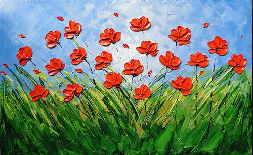 Hand-painted Signed Oil Painting 90cmx60cm Red Poppies Field Green CQ026