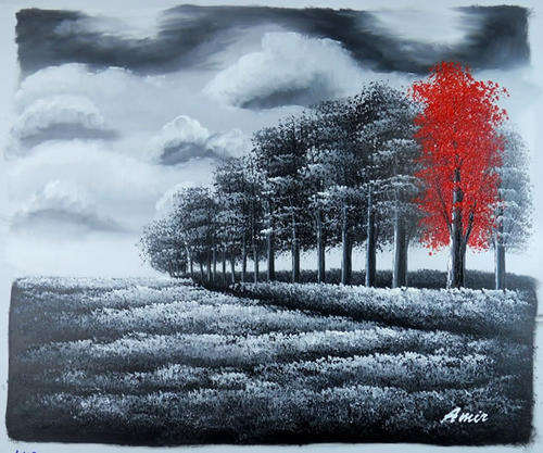 Hand-painted Signed Stock Oil Painting 24"x20"Black Trees Winter Forest  Red LH06-03