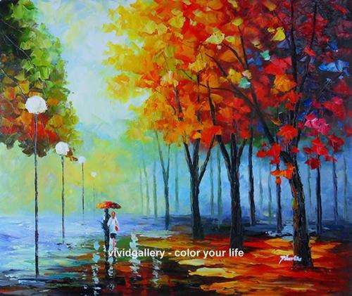 Hand-painted Stock Signed Oil Painting 24"x20" Park Rain Romantic Lover m100-02