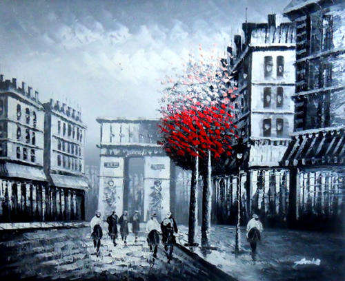 Hand-painted Signed 24"x20" Oil Painting Paris Street City Night Black Red P4-07