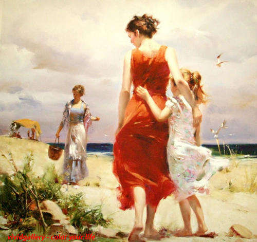Hand-painted Oil Painting 50cmx70cm Museum Quality Girls  Beach Sunshine FGI035