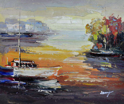 Rolled Hand-painted Canvas Signed Oil Painting 60CMX50CM Modern Seascape Dock HT83