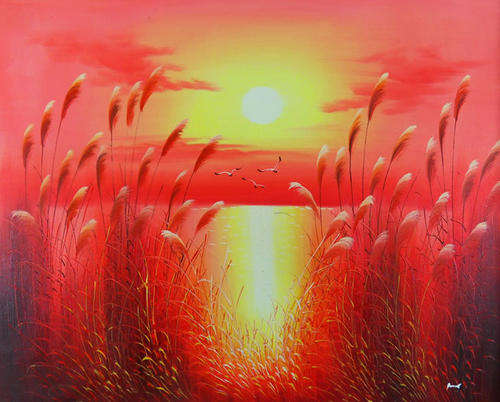Oil Painting 24"X20" Seascape Reeds Sunrise Birds H62