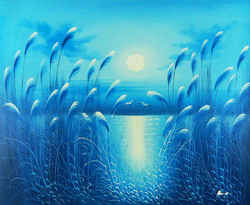 Oil Painting 24"X20" Seascape Reeds Sunrise Birds H30