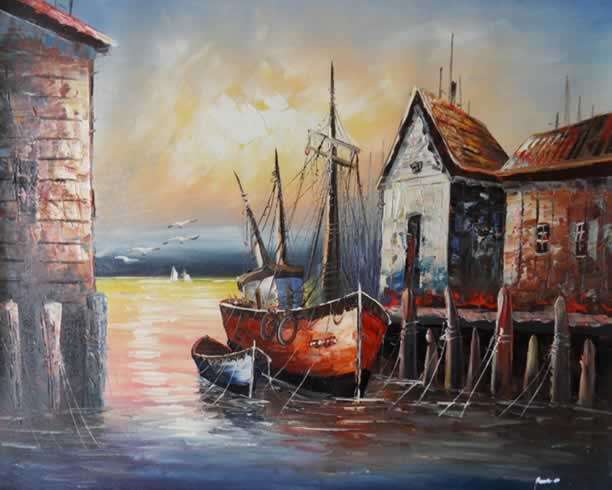 Oil Painting 20"x24" Seascape Dock Terminal Boats Birds Sunrise H38
