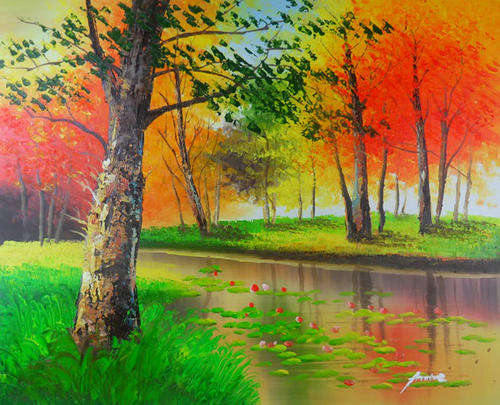 Signed Canvas Knife Oil Painting 50CMX60CM Landcape Forest Trees MB45